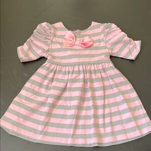 Toddler summer dress pink grey stripes with pink satin bow.